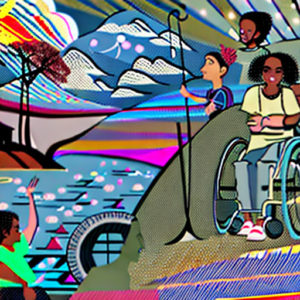 ai generated from prompt: in a graphic art style with no text & a rainbow :everyone in a diverse group of young men, women, wheelchair, and nonbinary people standing up in the struggle for ADA accessible great Bright CAVES of creative audiovisual ethnic studies made by a collective of Hawaiian, Asian American, Black, and LatinX students faculty and community all joyously spelunking together to make digital music & art in the bright light streaming in from above & enlightening the space with music, dance & food